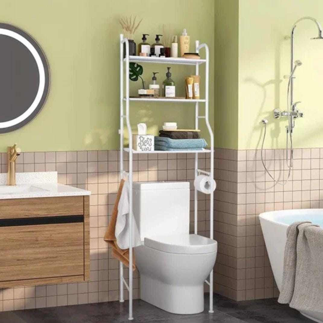 OVER THE TOILET RACK HEAVY GAUGE 153X45X25CM METALLIC 3 LAYER SHELF BATHROOM SPACE SAVER, OVER THE TOILET RACK, BATHROOM CORNER STAND STORAGE ORGANIZER ACCESSORIES, THE WASHING MACHINE, WITH HANGING R