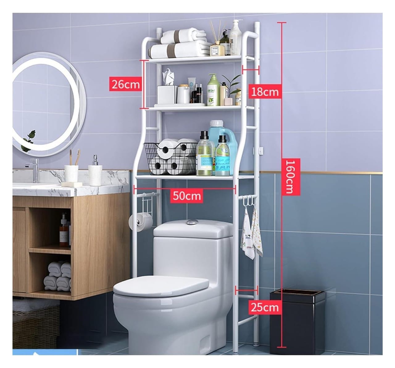 OVER THE TOILET RACK HEAVY GAUGE 153X45X25CM METALLIC 3 LAYER SHELF BATHROOM SPACE SAVER, OVER THE TOILET RACK, BATHROOM CORNER STAND STORAGE ORGANIZER ACCESSORIES, THE WASHING MACHINE, WITH HANGING R
