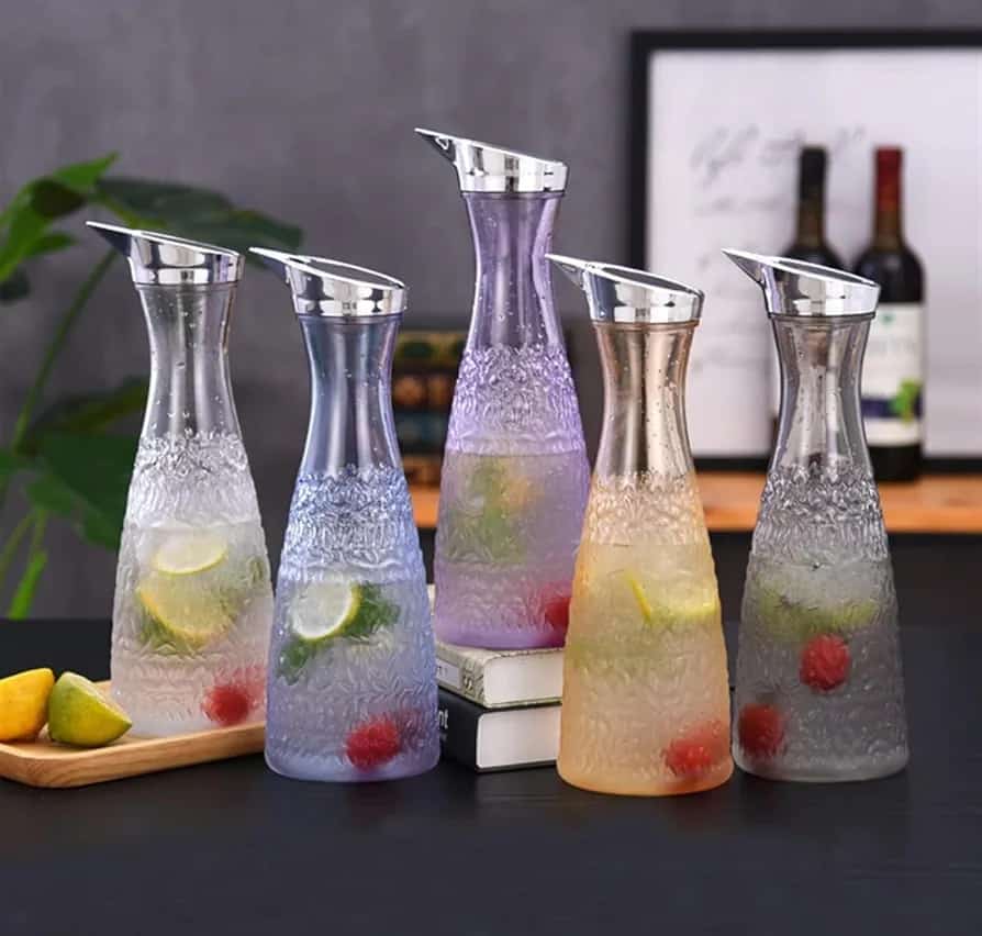 EMBOSSED ACRYLIC PITCHER JARS 1.1L LEAK-PROOF GLASS PITCHER FOR WATER, JUICE, MIMOSA BAR, ICED TEA | DRINK CONTAINERS FOR FRIDGE | FOOD-GRADE SILICONE| DISHWASHER SAFE