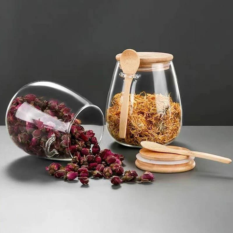 STORAGE CANISTER WITH WOODEN SPOONGLASS STORAGE JARS WITH BAMBOO LIDS AND SPOON -AIRTIGHT STORAGE CONTAINERS GLASS JAR,WIDE MOUTH,LEAK-PROOF,COMES SUITABLE FOR COFFEE BEANS, TEA LEAVES,GRAINS, DRIED F