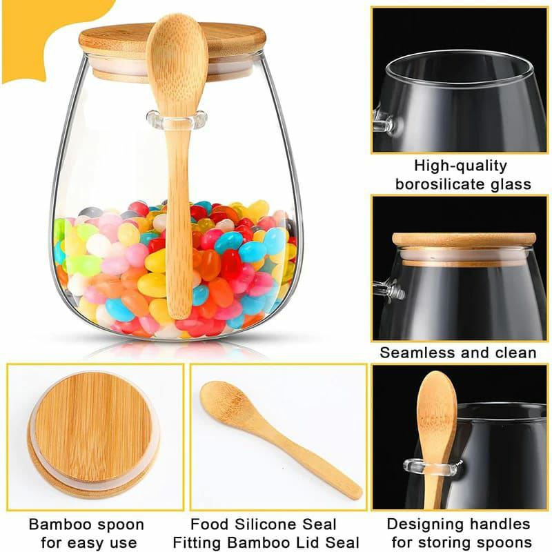 STORAGE CANISTER WITH WOODEN SPOONGLASS STORAGE JARS WITH BAMBOO LIDS AND SPOON -AIRTIGHT STORAGE CONTAINERS GLASS JAR,WIDE MOUTH,LEAK-PROOF,COMES SUITABLE FOR COFFEE BEANS, TEA LEAVES,GRAINS, DRIED F