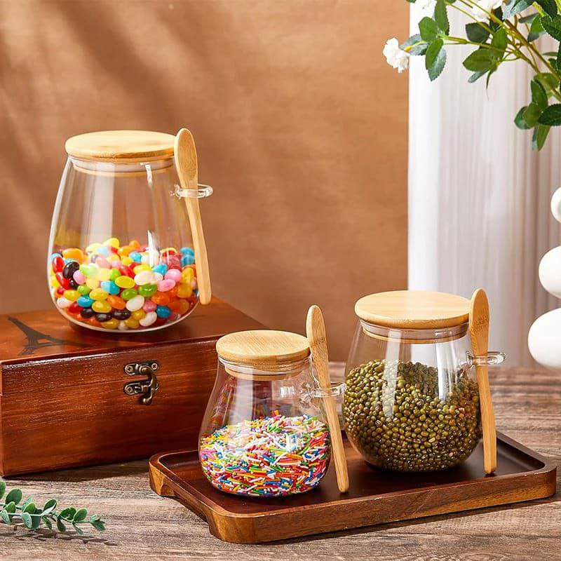 STORAGE CANISTER WITH WOODEN SPOONGLASS STORAGE JARS WITH BAMBOO LIDS AND SPOON -AIRTIGHT STORAGE CONTAINERS GLASS JAR,WIDE MOUTH,LEAK-PROOF,COMES SUITABLE FOR COFFEE BEANS, TEA LEAVES,GRAINS, DRIED F