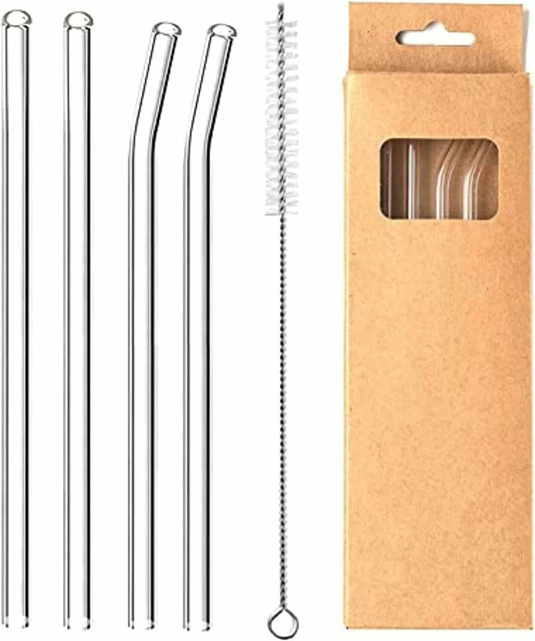 4 REUSABLE GLASS STRAWS BOROSILICATE GLASS STRAWS SHATTER RESISTANT FOR  TUMBLER,  BPA FREE, REUSABLE DRINKING STRAWS CLEAR BENT SKINNY FOR ICED COFFEE AND HOT DRINKS