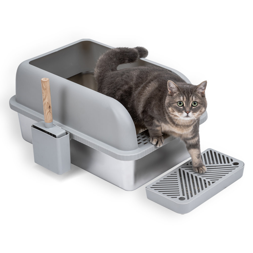 Stainless Steel Pet Cat Litter Box in Kenya, Semi- Enclosed with Litter Scoop & Holder, Footboard & Non- Slip Feet, Large Size, Anti-Splash/Anti-Slip/Leak-proof