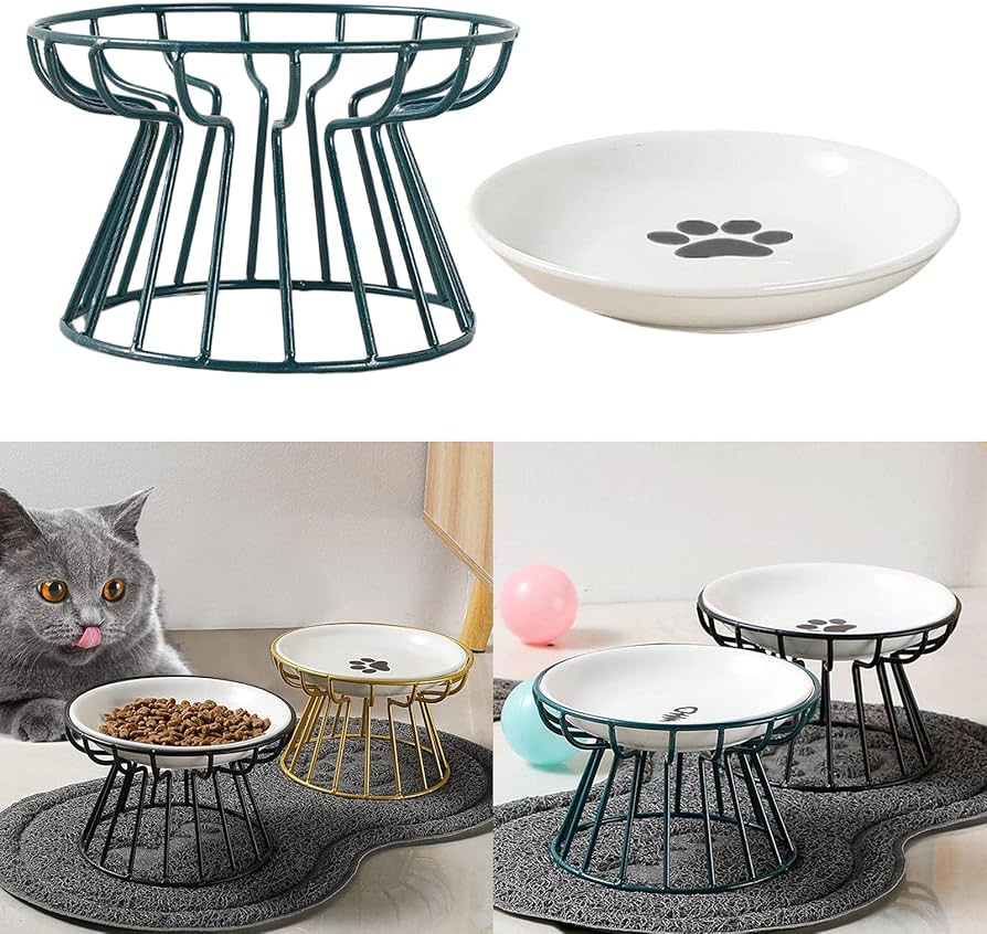 Elevated Pet Food Bowl, Ceramic Bowl with Metal Base Pet Food Bowl - For cats and small dogs