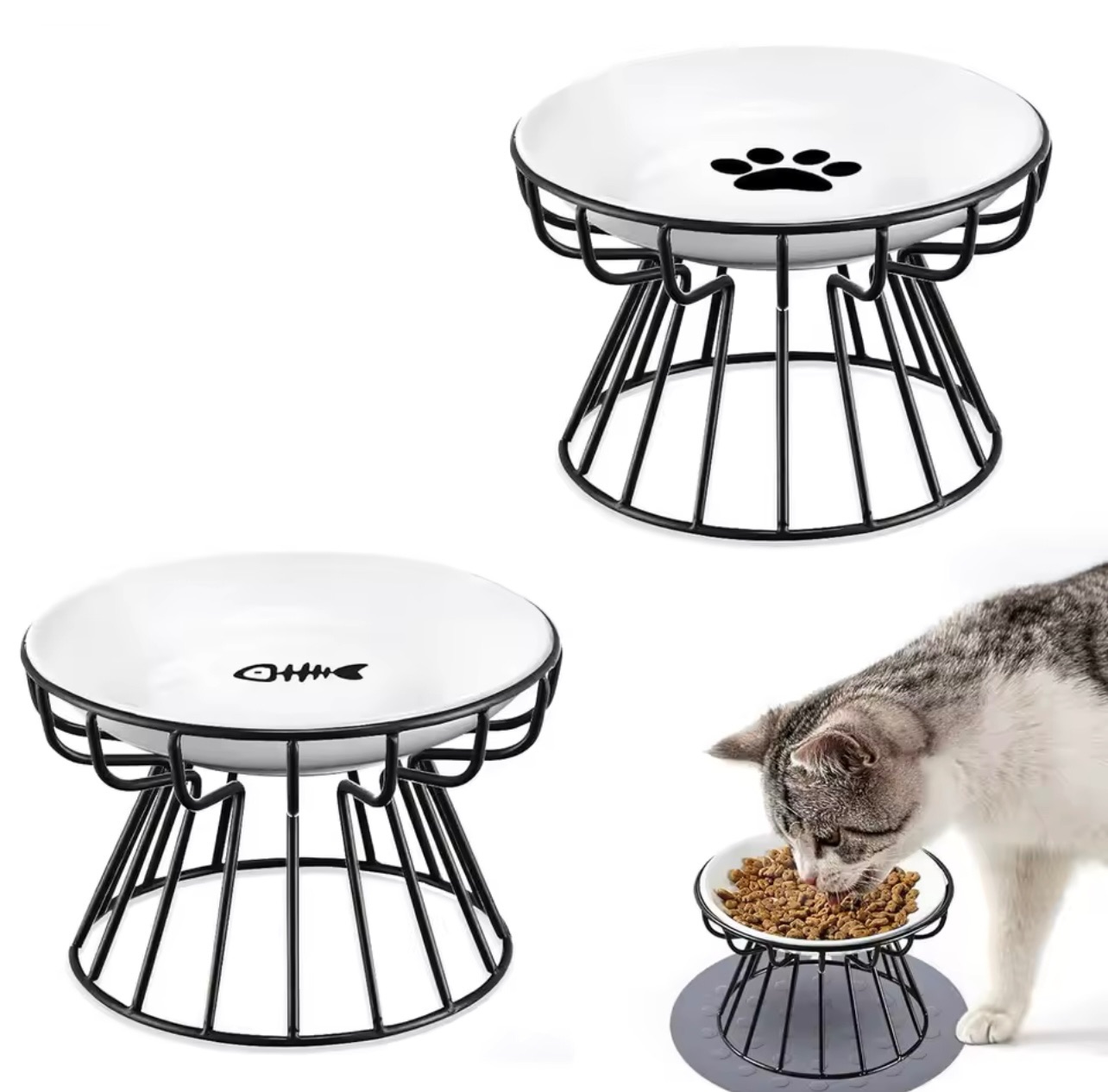 Elevated Pet Food Bowl, Ceramic Bowl with Metal Base Pet Food Bowl - For cats and small dogs