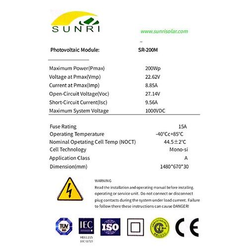 200W 24V SUNRI Monocrystalline Solar Panel