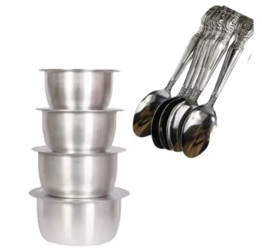 4Pcs Set Of Stainless Aluminum Sufuria cooking sufuria Size 1 2 3 4 plus free 6 spoons -without Lids