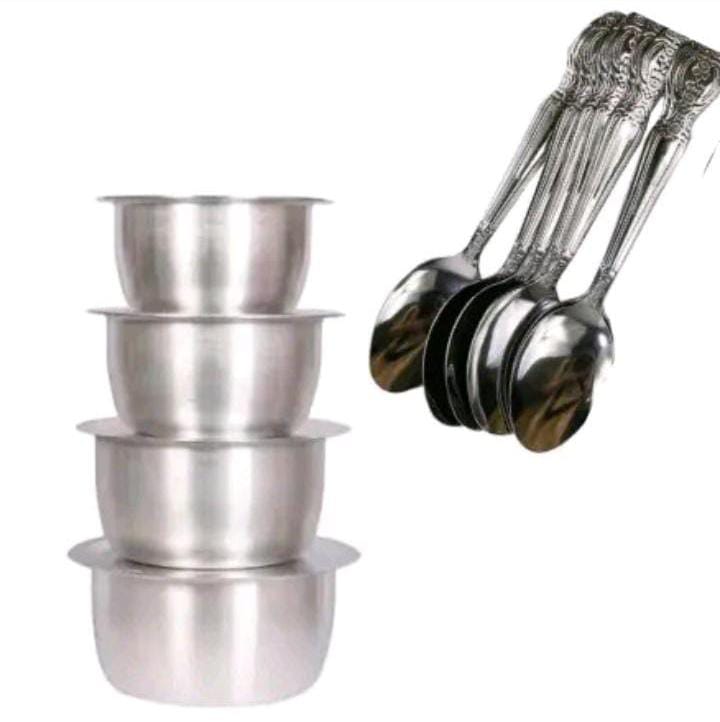 4Pcs Set Of Stainless Aluminum Sufuria cooking sufuria Size 1 2 3 4 plus free 6 spoons -without Lids