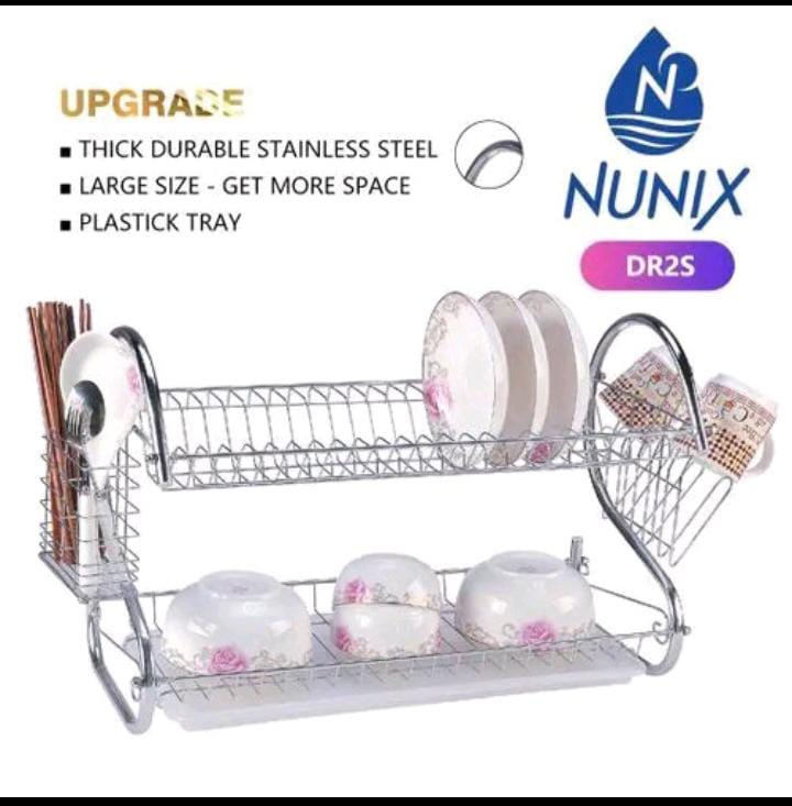 Nunix 2 Tier Stainless Steel Dish Rack 16Inch 2 Layers Utensil Dish Drainer Kitchen Storage Organizer