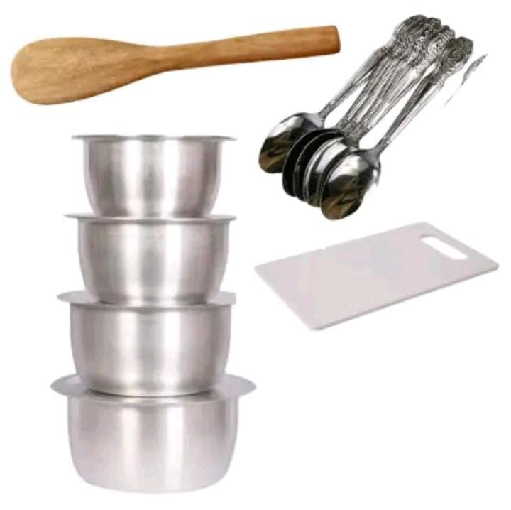 Generic 4Pcs Set Of Stainless Aluminum Sufuria Size 1 2 3 4 plus free 6 spoons 1 mwiko cooking stick and chopping board -without Lids