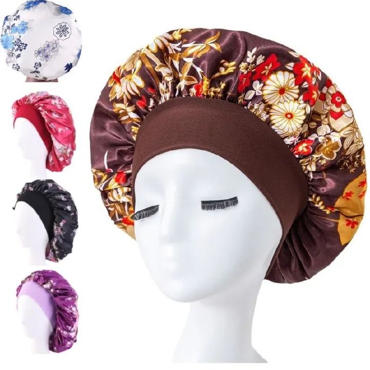 Satin Headscarf Hat Sleeping Bonnet Curly Hair Wrap Silk Cap Fashion Wide Soft Elastic Springy Band Head Scarf Headwear Pure Color Night Sleep Hat Nightcap Head Cover