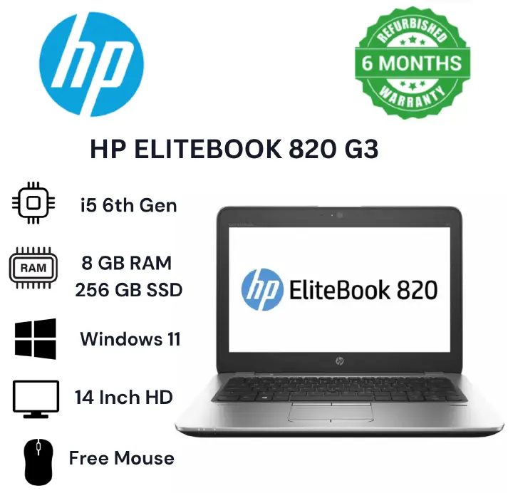 HP EliteBook 820 G3 Core I5 8GB-256GB SSD 6th Gen 12.5" Renewed Windows 10 with  A FREE LAPTOP BAG AND A MOUSE