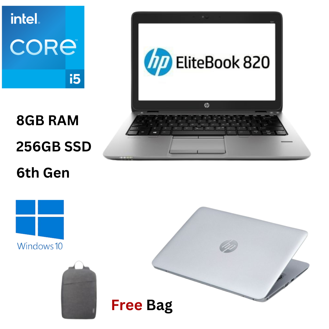HP EliteBook 820 G3 Core I5 8GB-256GB SSD 6th Gen 12.5" Renewed Windows 10 with  A FREE LAPTOP BAG AND A MOUSE