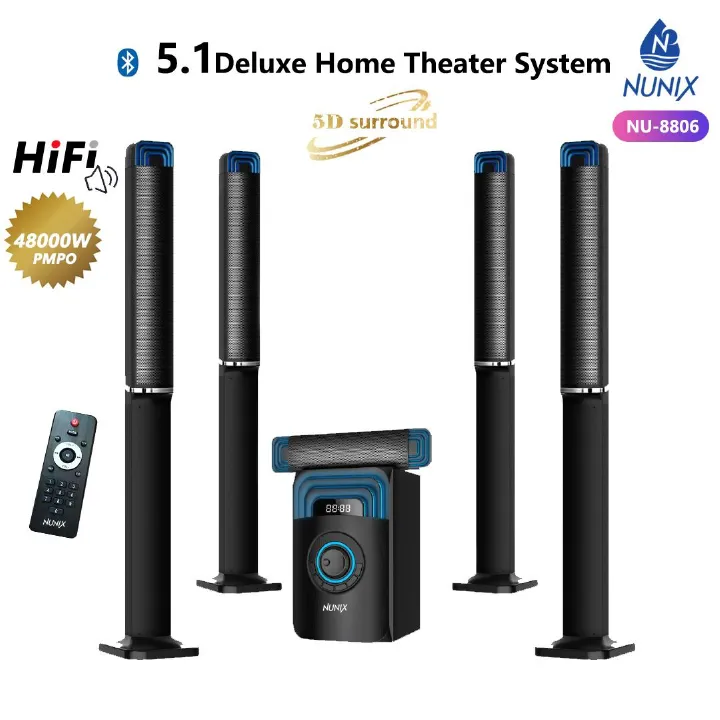 Nunix 5.1 Deluxe Home Theater System – Powerful Sound, Bluetooth, HiFi, 5D Surround, 48000W PMPO, USB, FM Radio, Remote Control – NU-8806