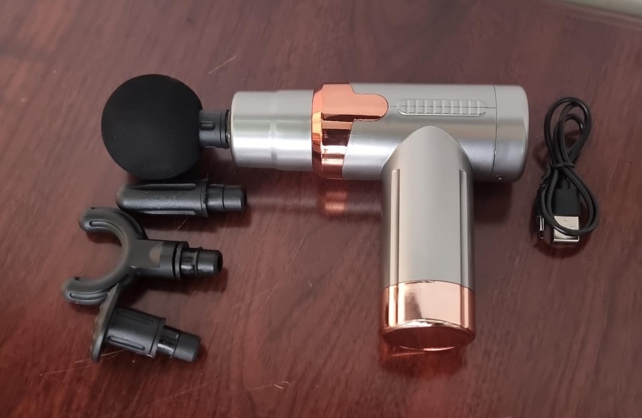 💆‍♂️ Massage Gun – 6-Speed, 4 Head Options, Rechargeable, Deep Tissue Relief, Available in 4 Colors with Golden Ring ✨