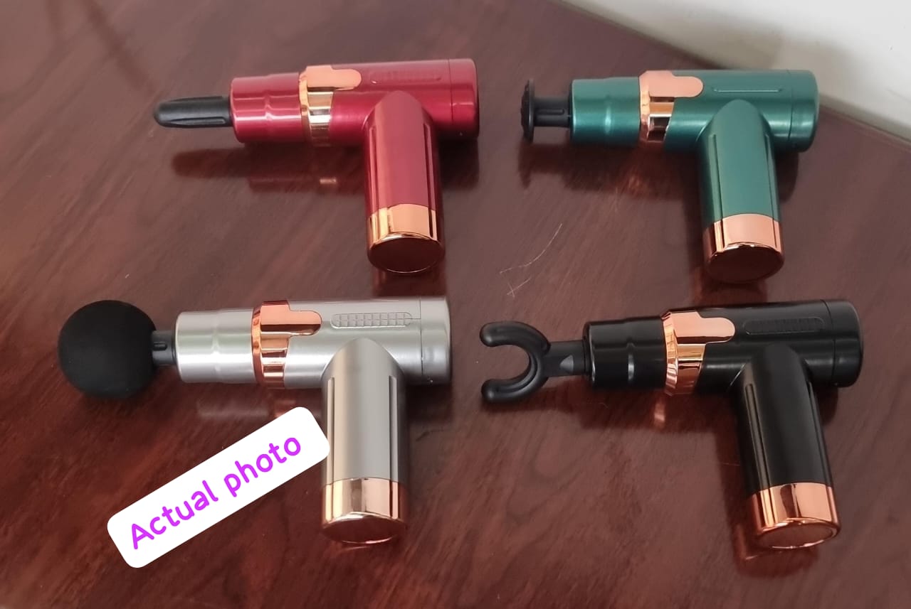 💆‍♂️ Massage Gun – 6-Speed, 4 Head Options, Rechargeable, Deep Tissue Relief, Available in 4 Colors with Golden Ring ✨