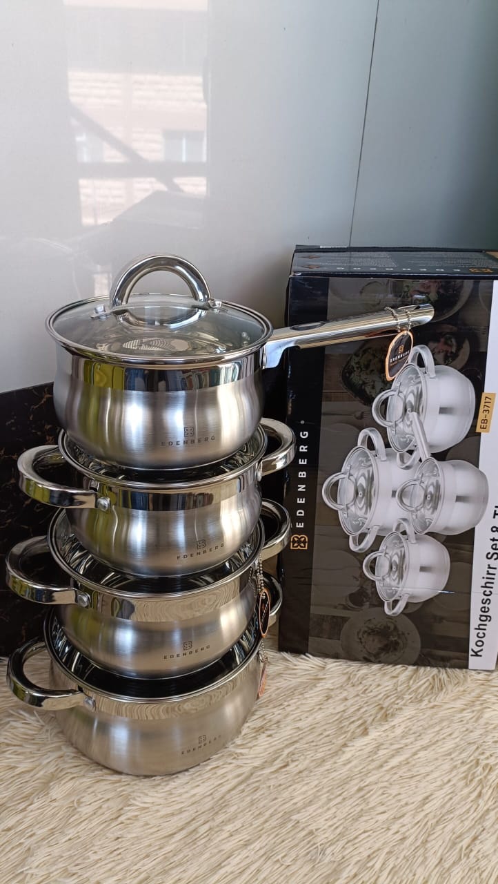 🍲🥄 Edenberg 8-Piece Stainless Steel Cookware Set 🍳🔥 – Elegant Cooking Pots with Glass Lids for All Stovetops 💎✨