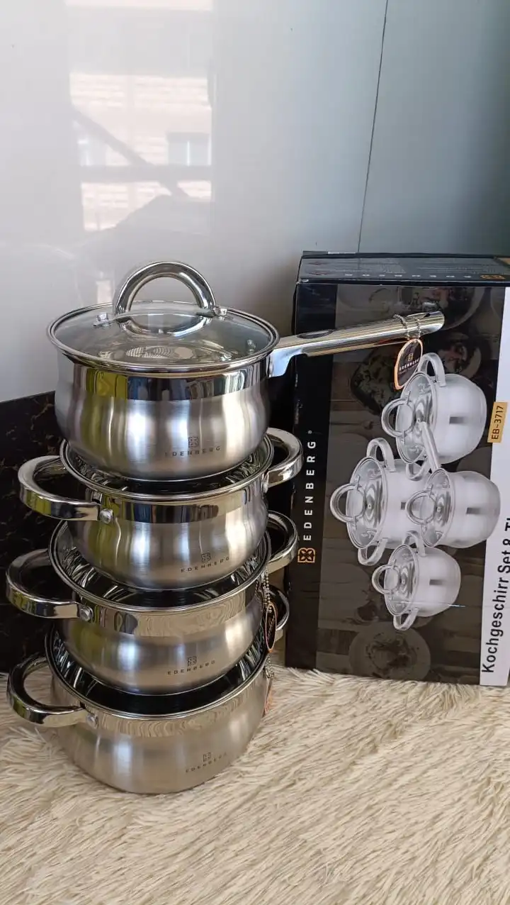 🍲🥄 Edenberg 8-Piece Stainless Steel Cookware Set 🍳🔥 – Elegant Cooking Pots with Glass Lids for All Stovetops 💎✨