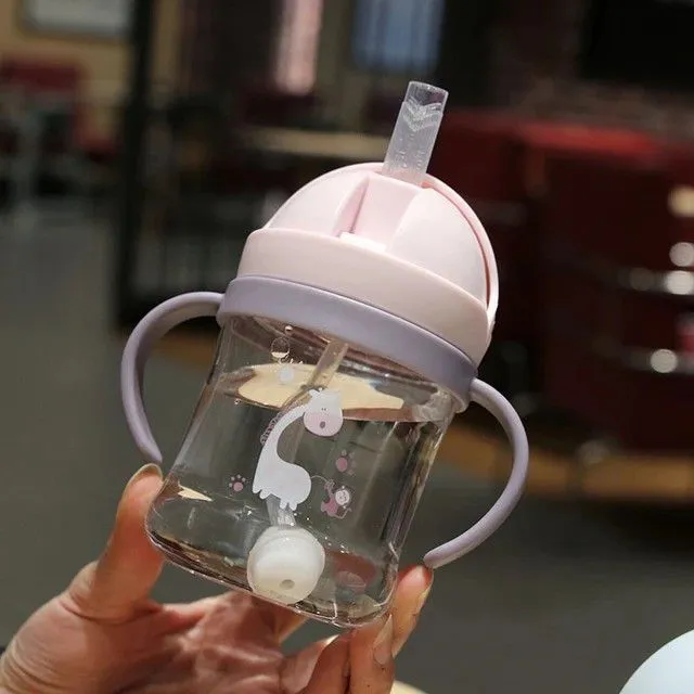 250ml Baby Water Bottle Learning Cup Anti Choke Non-spill Training Cup Leak-Proof Fee With Gravity Ball Straw.