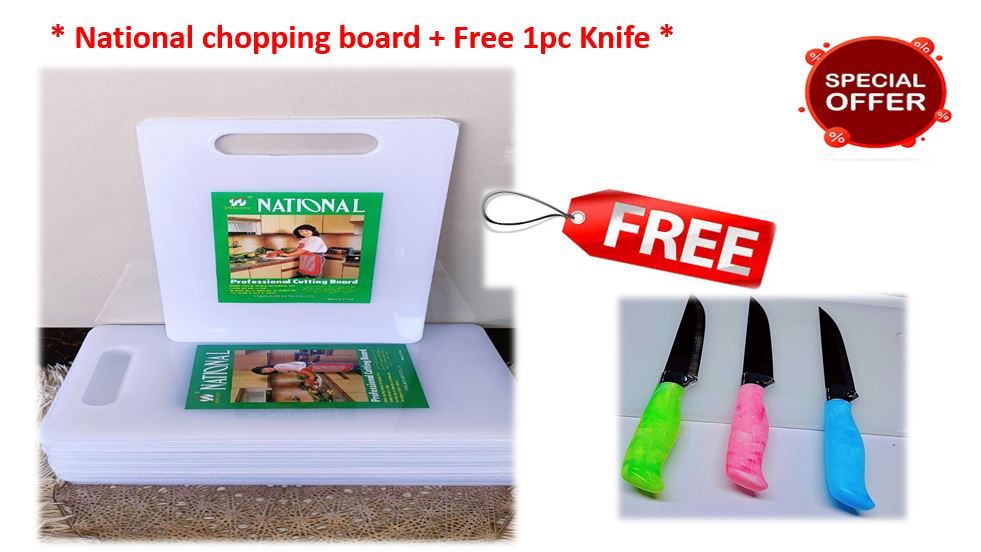 NATIONAL HIGH-QUALITY PLASTIC CHOPPING BOARD PLUS 1PC FREE KNIFE , perfect for slicing meats, fruits and vegetables Designed with a convenient handle, it allows for easy cleanin