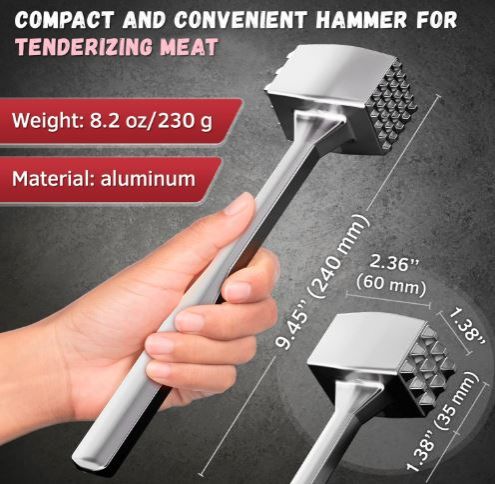 Meat Tenderizer 1 pcs Aluminium Mallet Dual-Sided - Tenderizer Tool Kitchen Pounder - Home Hammer for Tenderizing Ice Steak Stainless Veal & Chicken Safe Beater