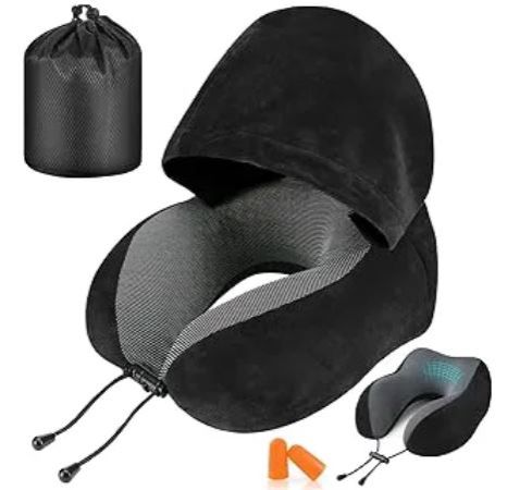 Microfiber Travel Neck Pillow with Hoodie, Neck pillow design, fully supports the head, neck and chin for maximum comfort in any sitting position.
