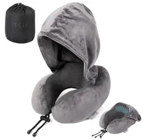 Microfiber Travel Neck Pillow with Hoodie, Neck pillow design, fully supports the head, neck and chin for maximum comfort in any sitting position.