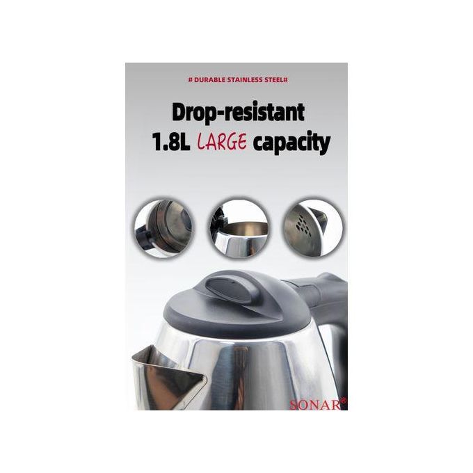 Sonar Stainless Steel 1.8Ltr Electric Kettle,1.5m Power Cord,1500W Fast Boil