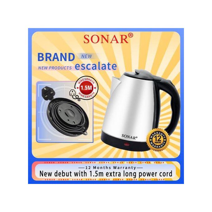 Sonar Stainless Steel 1.8Ltr Electric Kettle,1.5m Power Cord,1500W Fast Boil