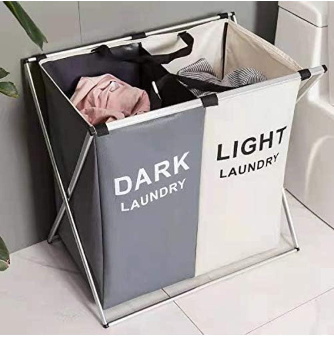 2 Grid compartment foldable laundry basket organiser for dirty clothes,toys, Collapsible Laundry Baskets 2-Section, Dark/Light Labeled Storage Foldable Clothes Hamper for Laundry, Portable