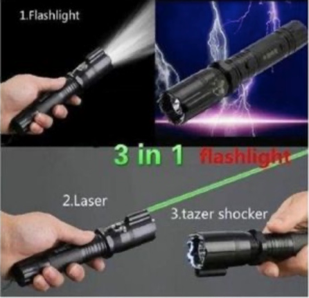 3-in-1 Rechargeable Security Torch - 1000LM Bright LED, Electric Shock Self-Defense & Laser Pointer | Home Protection & Outdoor Safety Electric shock torch Home protection Safety device self-defense