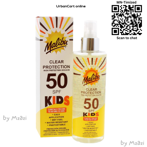 Malibu Sun Kids SPF 50 Clear Protection Sunscreen, High Protection, Water Resistant, Dry Feel, 250ml