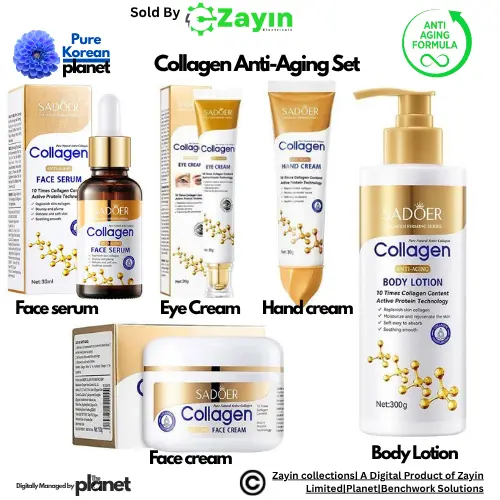 Sadoer Collagen Skin Set
Anti-Aging Skincare Kit
Firming Face & Body Collagen Combo

Collagen Serum Cream Lotion Eye Set
Youth Renewal Set with Collagen