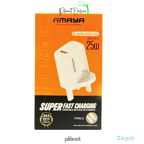 Amaya fast charger, 25W charger, ultra-fast wall charger, smart phone charger, Type-C fast charger, quick charge adapter
Amaya ACW-U52S-C29 25W Ultra-Fast Smart Charger , super fast charger