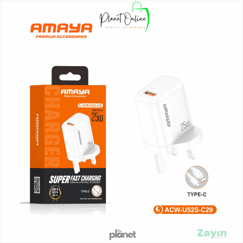 Amaya fast charger, 25W charger, ultra-fast wall charger, smart phone charger, Type-C fast charger, quick charge adapter
Amaya ACW-U52S-C29 25W Ultra-Fast Smart Charger , super fast charger