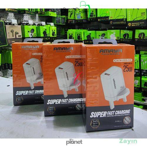 Amaya fast charger, 25W charger, ultra-fast wall charger, smart phone charger, Type-C fast charger, quick charge adapter
Amaya ACW-U52S-C29 25W Ultra-Fast Smart Charger , super fast charger