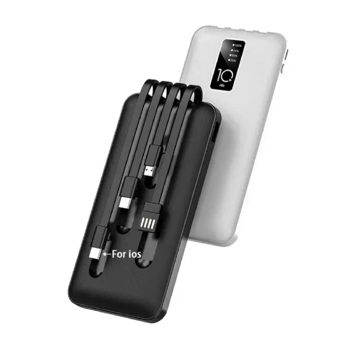 Built in 4 Cables 10000mAh Portable Power bank Comfortable Handshake 4-wire Led Display Powerbank Fast Charge Dual Output Ports