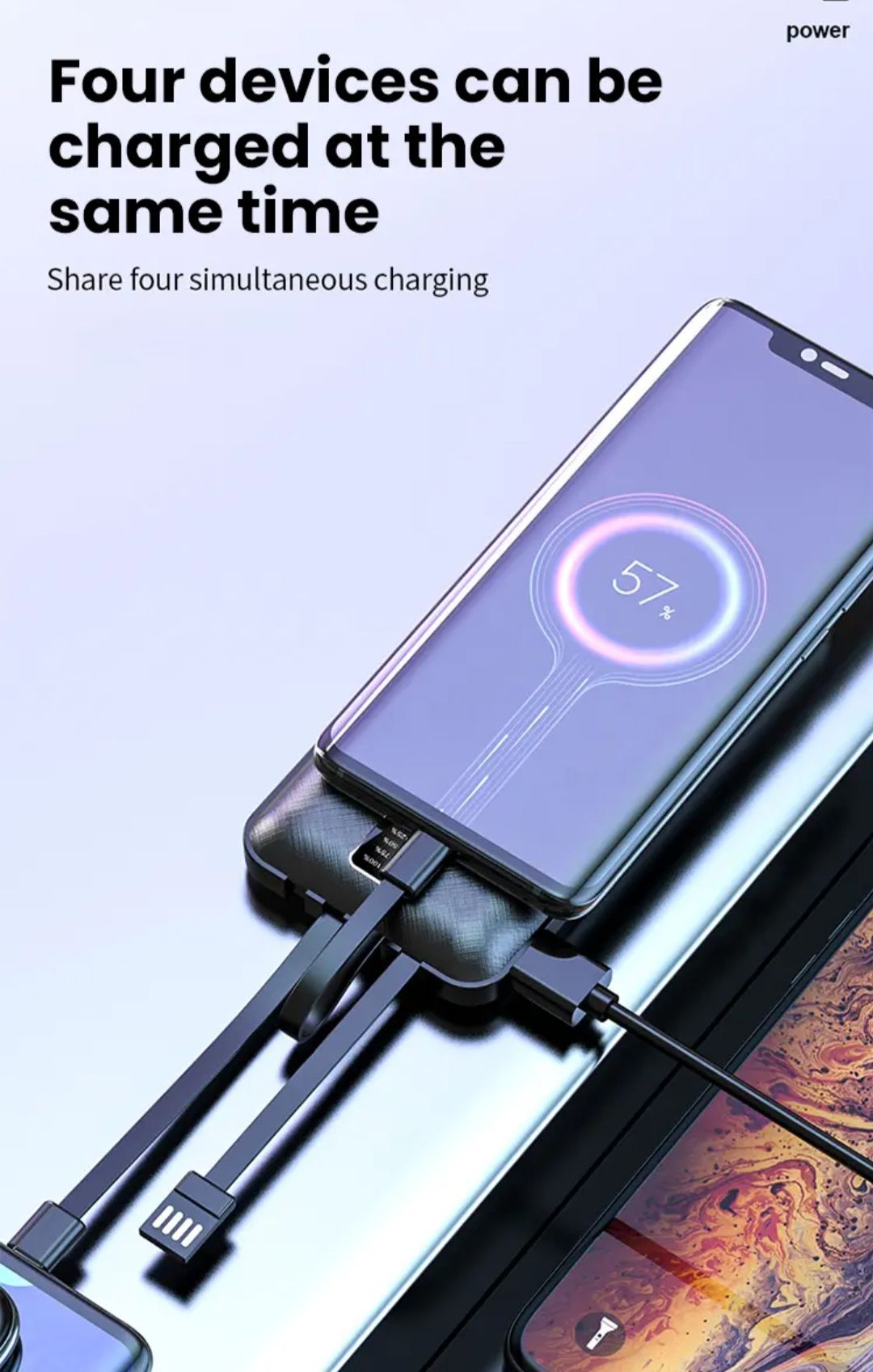 Built in 4 Cables 10000mAh Portable Power bank Comfortable Handshake 4-wire Led Display Powerbank Fast Charge Dual Output Ports