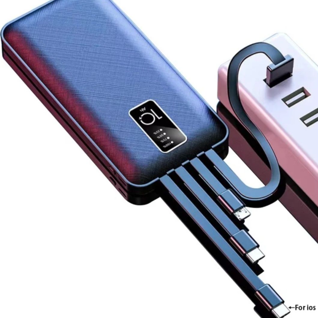 Built in 4 Cables 10000mAh Portable Power bank Comfortable Handshake 4-wire Led Display Powerbank Fast Charge Dual Output Ports