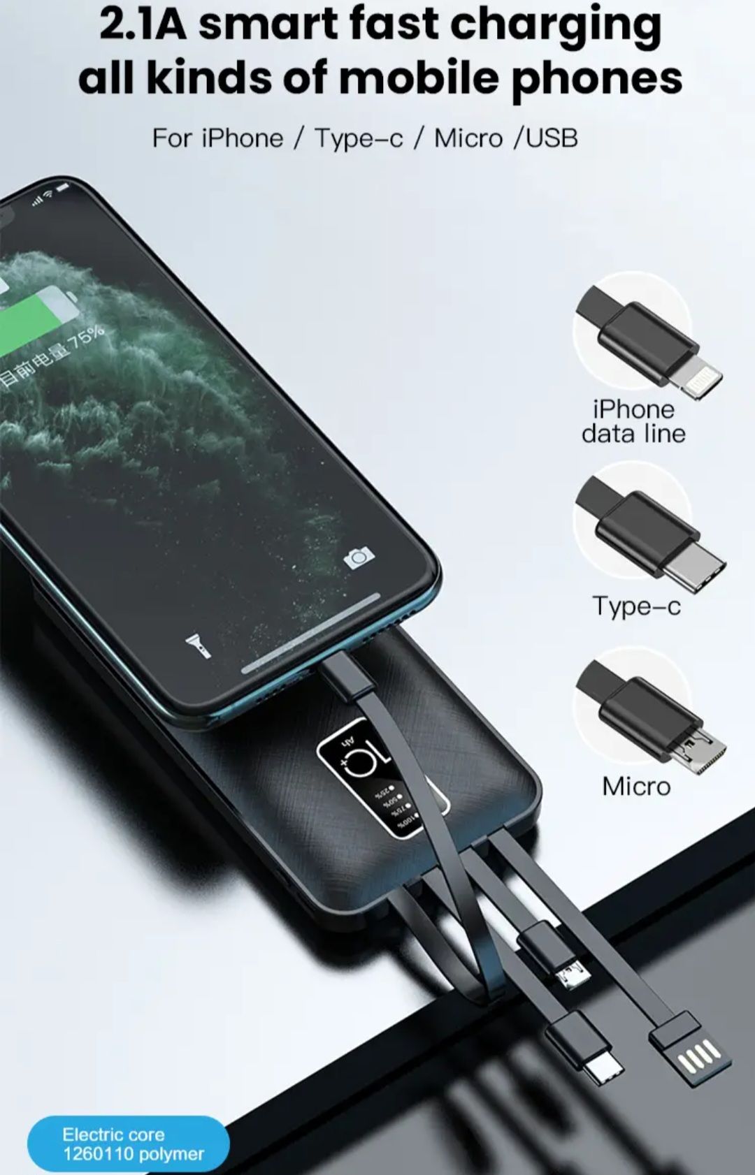 Built in 4 Cables 10000mAh Portable Power bank Comfortable Handshake 4-wire Led Display Powerbank Fast Charge Dual Output Ports