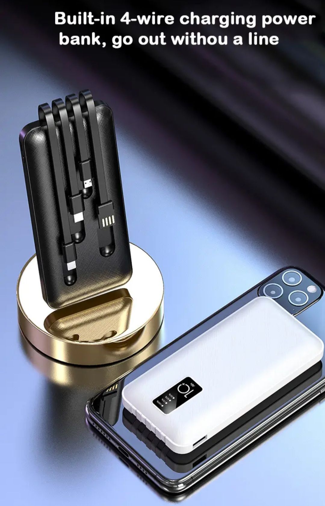 Built in 4 Cables 10000mAh Portable Power bank Comfortable Handshake 4-wire Led Display Powerbank Fast Charge Dual Output Ports