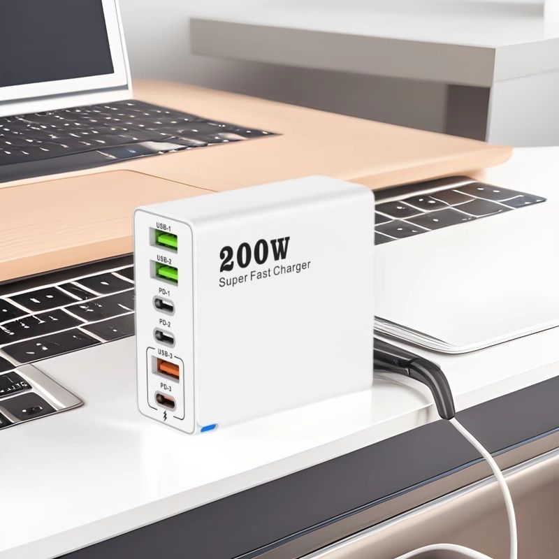 200W Mobile Phone Charger Charging Head USB Multi-port Small Appliance PD25W Charger Multi-port Super Fast Charge，Multiple USB ports;