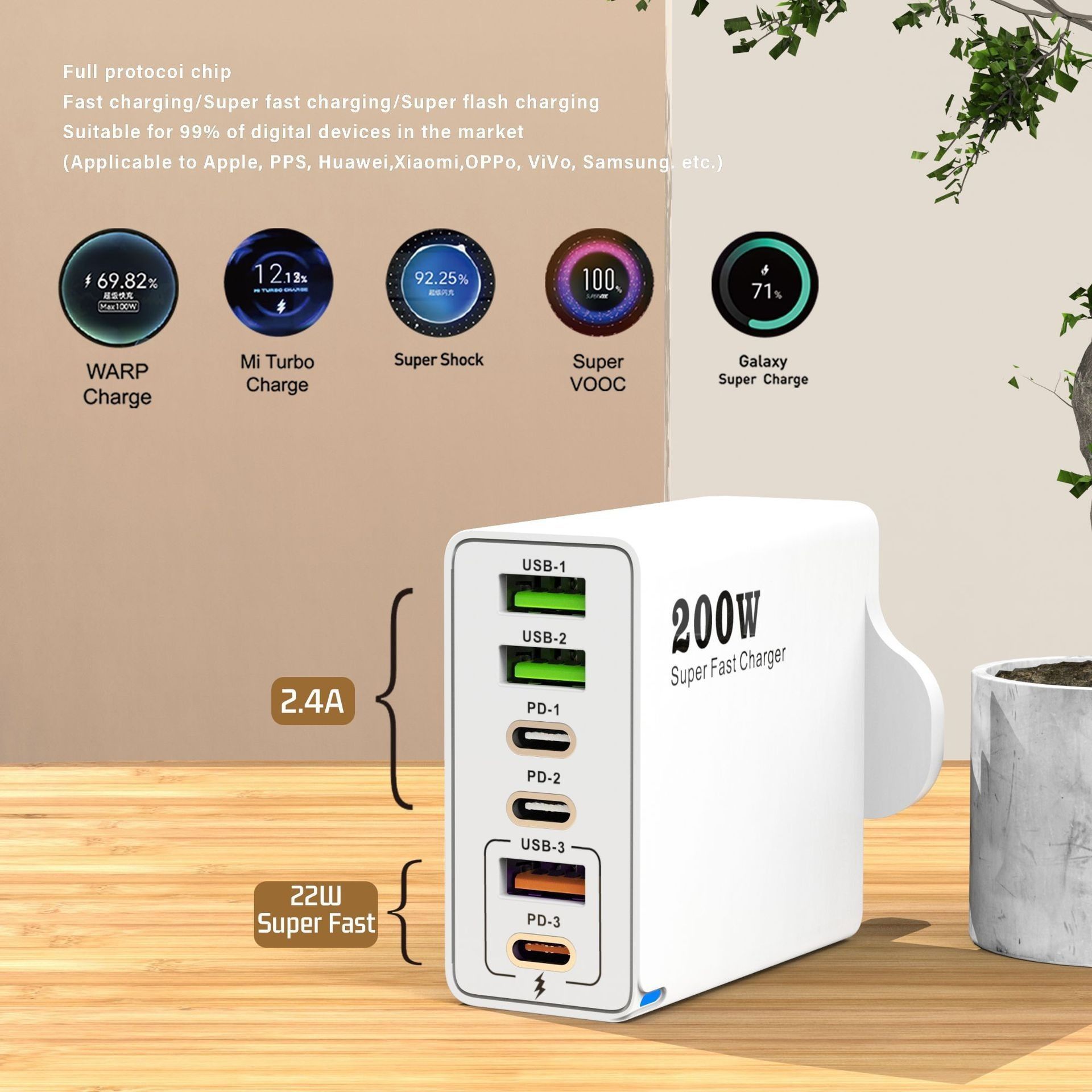 200W Mobile Phone Charger Charging Head USB Multi-port Small Appliance PD25W Charger Multi-port Super Fast Charge，Multiple USB ports;