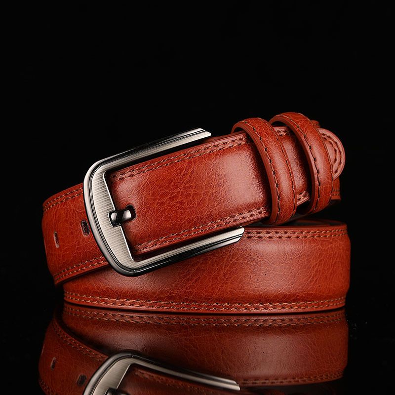 Men's cowhide leather belt with button fastener in brown for middle-aged and young casual hipster style pants