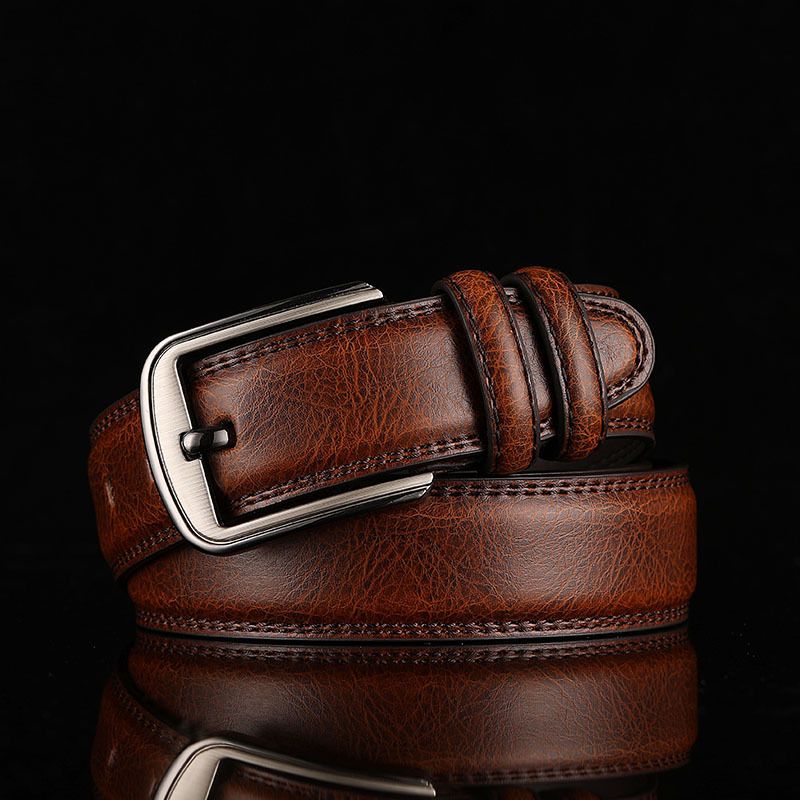Men's cowhide leather belt with button fastener in brown for middle-aged and young casual hipster style pants