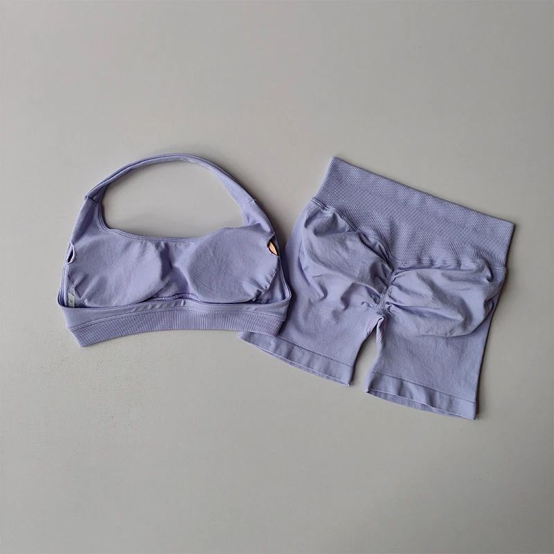 2Pcs/set pact Shorts Set Seamless Yoga Set Workout Scrunch Shorts Sets Halter Sports Bra Scrunch Shorts Fitness Clothes Gym Suit Halter Neck Beautiful Back High Waist Peach Sports Bras Shorts Suit