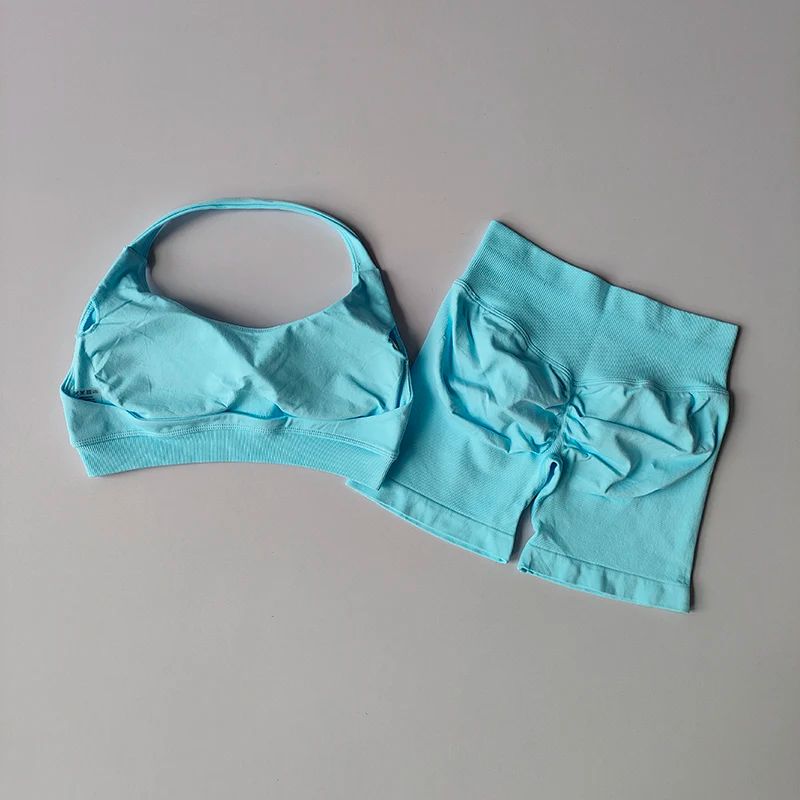 2Pcs/set pact Shorts Set Seamless Yoga Set Workout Scrunch Shorts Sets Halter Sports Bra Scrunch Shorts Fitness Clothes Gym Suit Halter Neck Beautiful Back High Waist Peach Sports Bras Shorts Suit