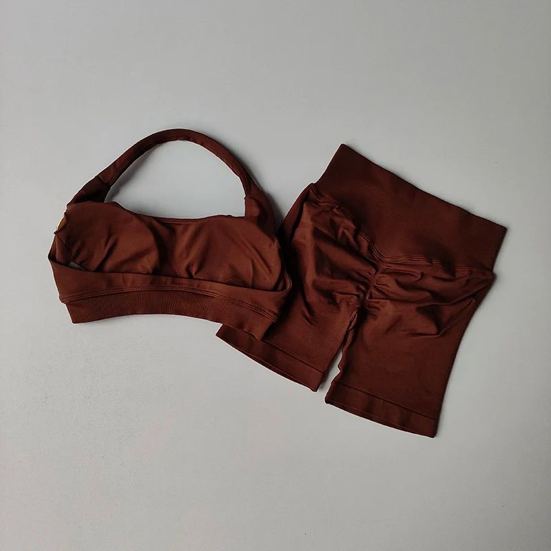 2Pcs/set pact Shorts Set Seamless Yoga Set Workout Scrunch Shorts Sets Halter Sports Bra Scrunch Shorts Fitness Clothes Gym Suit Halter Neck Beautiful Back High Waist Peach Sports Bras Shorts Suit