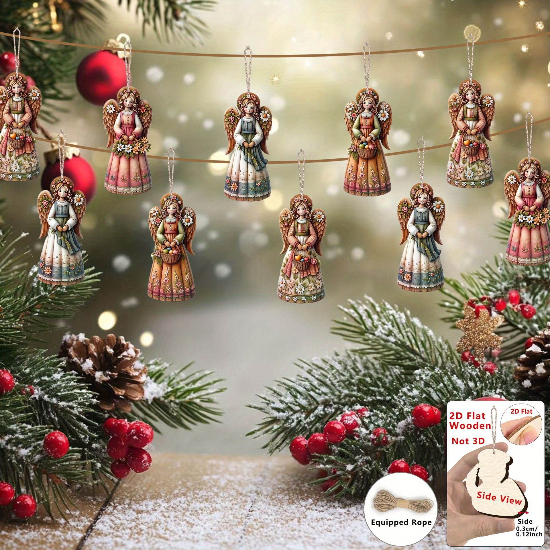Vintage 12-piece wooden pendant angel girl statues, suitable for Christmas and Easter party decorations